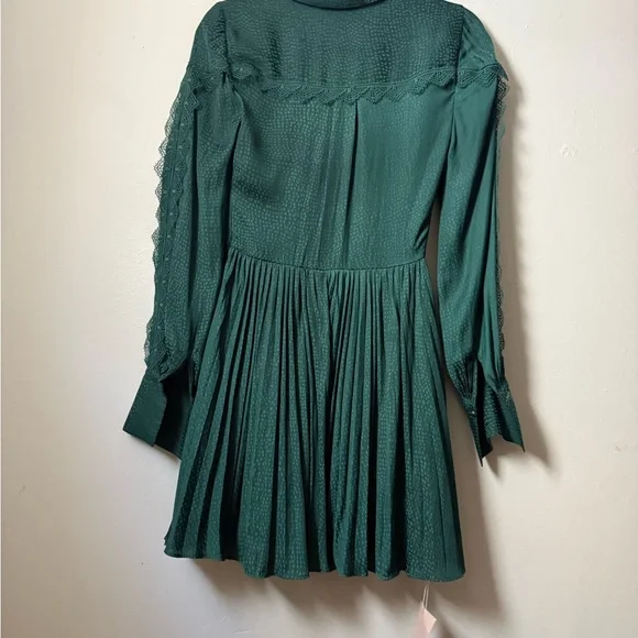 Self-Portrait Green Ruched Bishop Sleeve Lace Trim Dress NWT